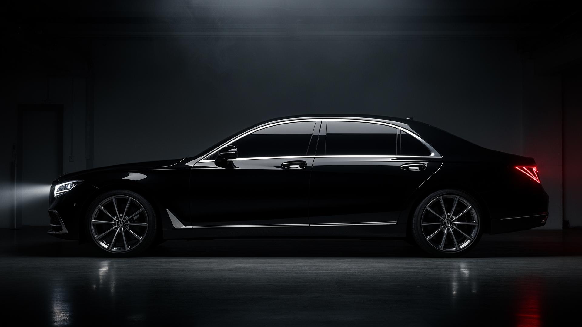 Black luxury sedan with tinted windows in a dark garage