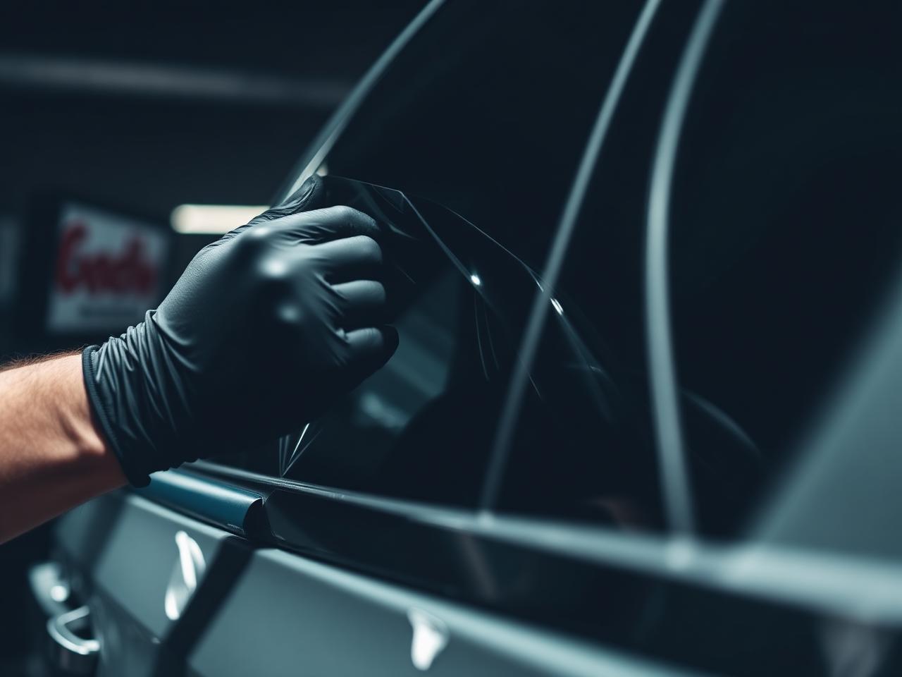 Installer applying tint film to a car window
